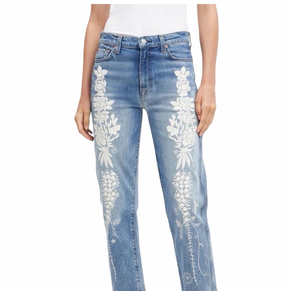 7 For All Mankind Blue Denim Straight Leg Jeans with Cream Floral Embroidery - Picture 6 of 6
